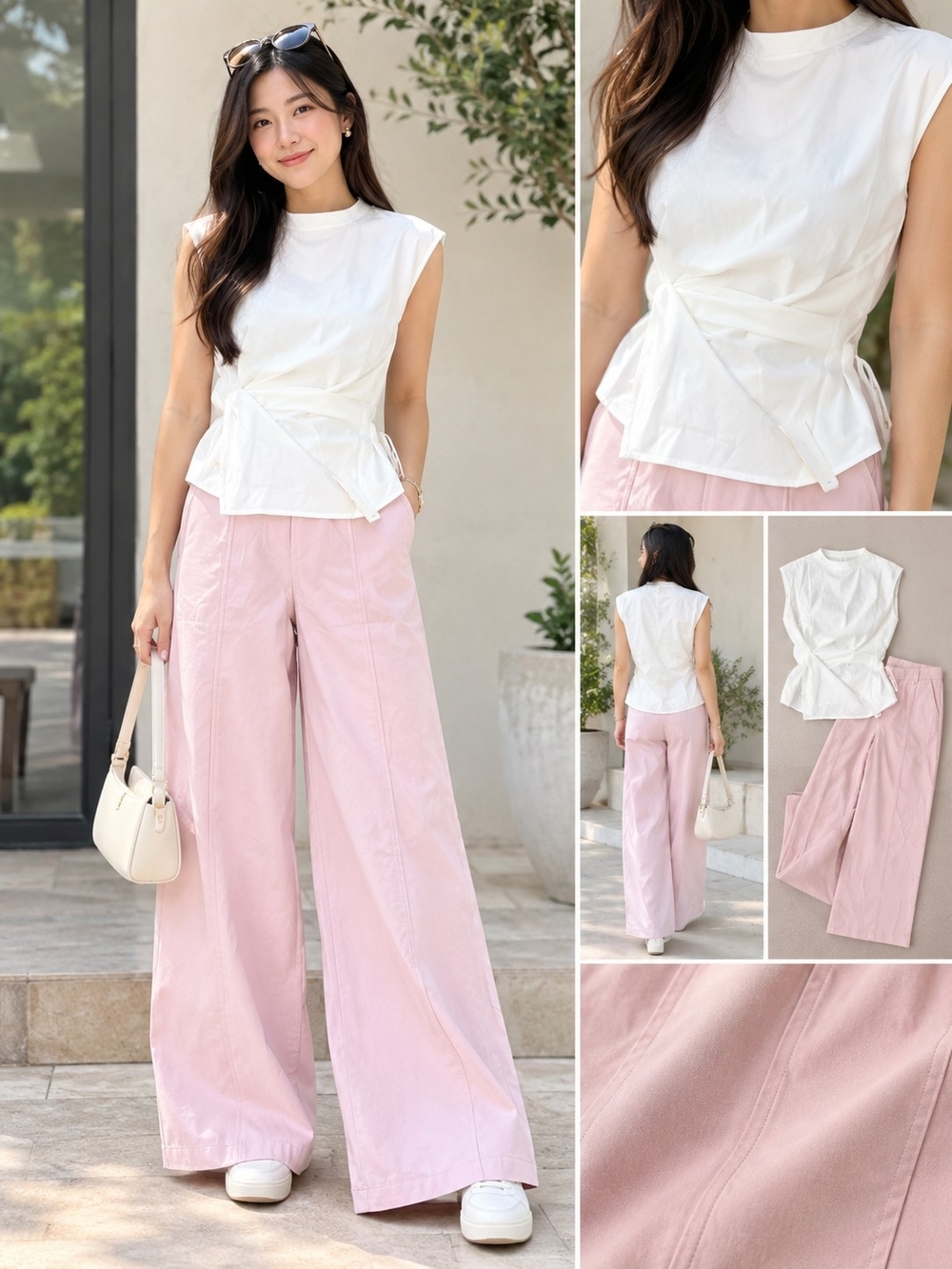 COMMENSE WOmen's Wide-Leg Pink Trousers & White Wrap Top Set
